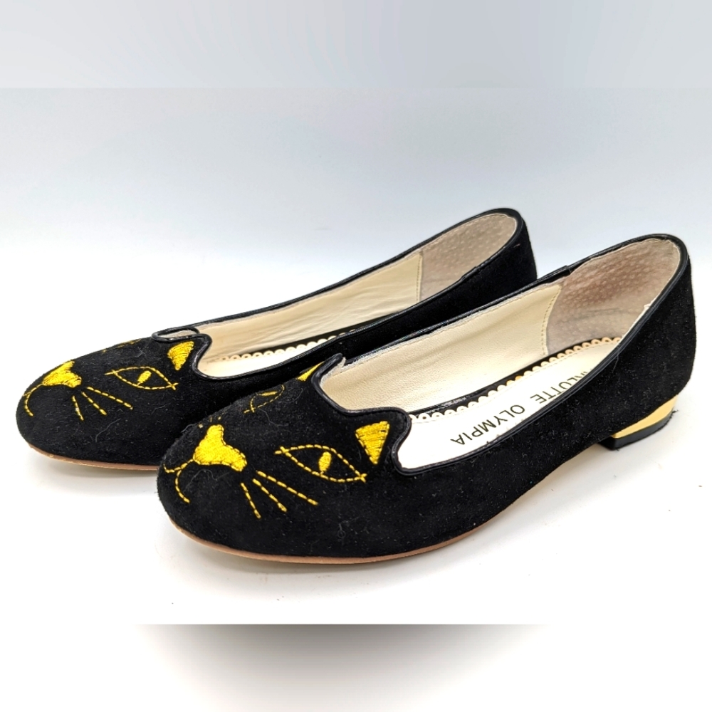 Charlotte Olympia 35 kitty black velvet and gold embroidery loafers